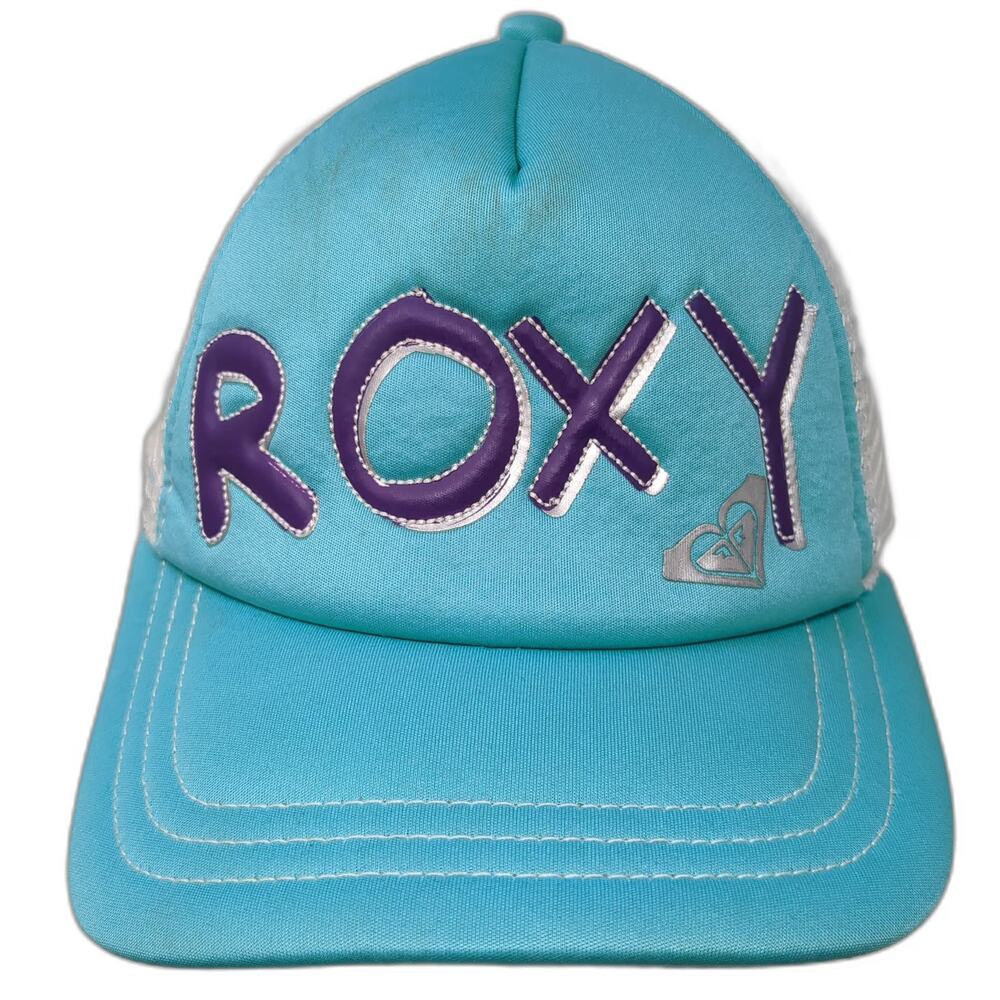 Roxy Trucker Hat Blue White One Size Mesh Snapback Purple Silver Heart Logo